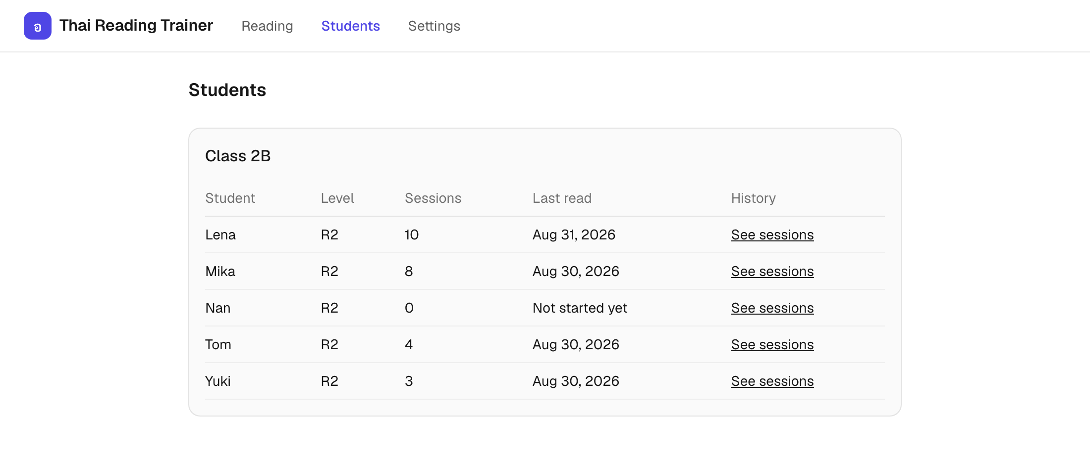 Teacher panel: a class list with each student's level, number of sessions and last session